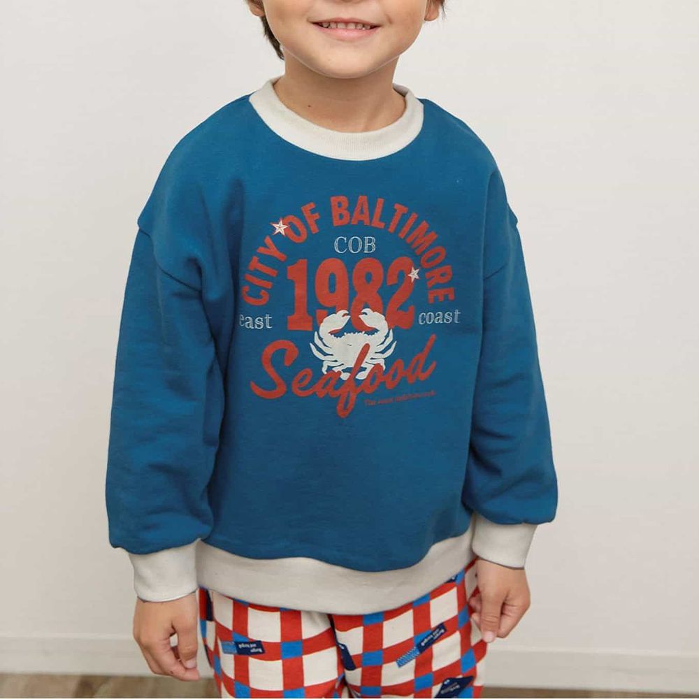 美式餐廳印花裏毛長袖上衣-螃蟹-寶藍