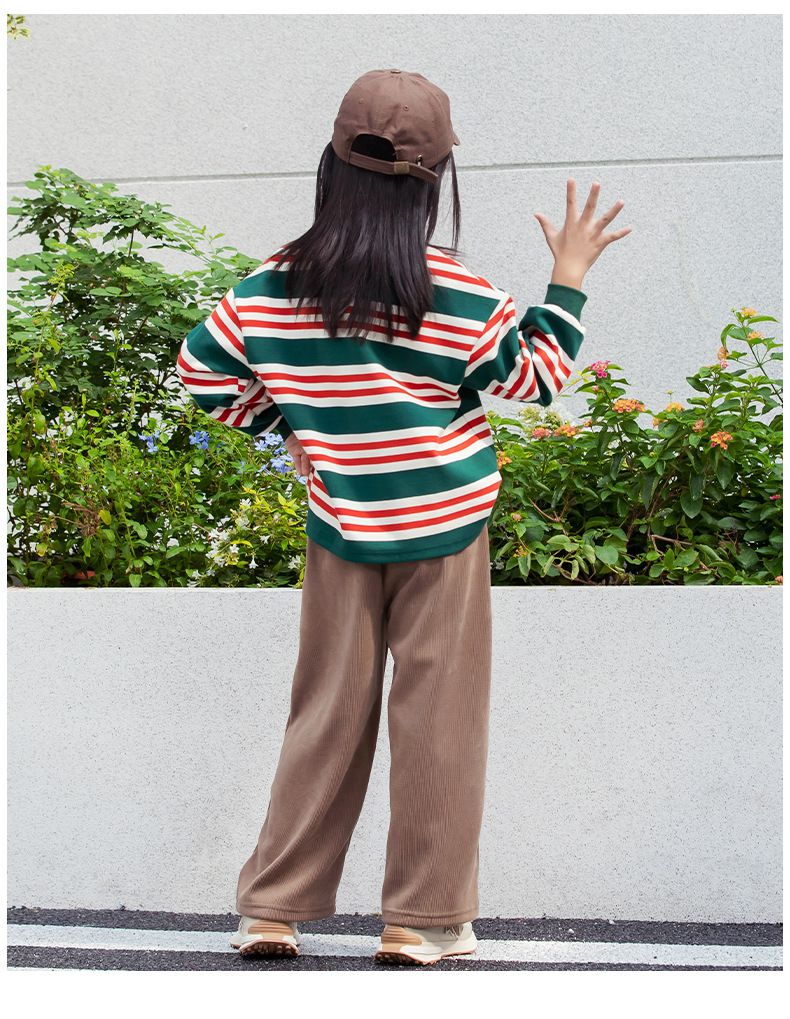 拼色條紋圓領長袖上衣-英文字母N-紅+米白+綠