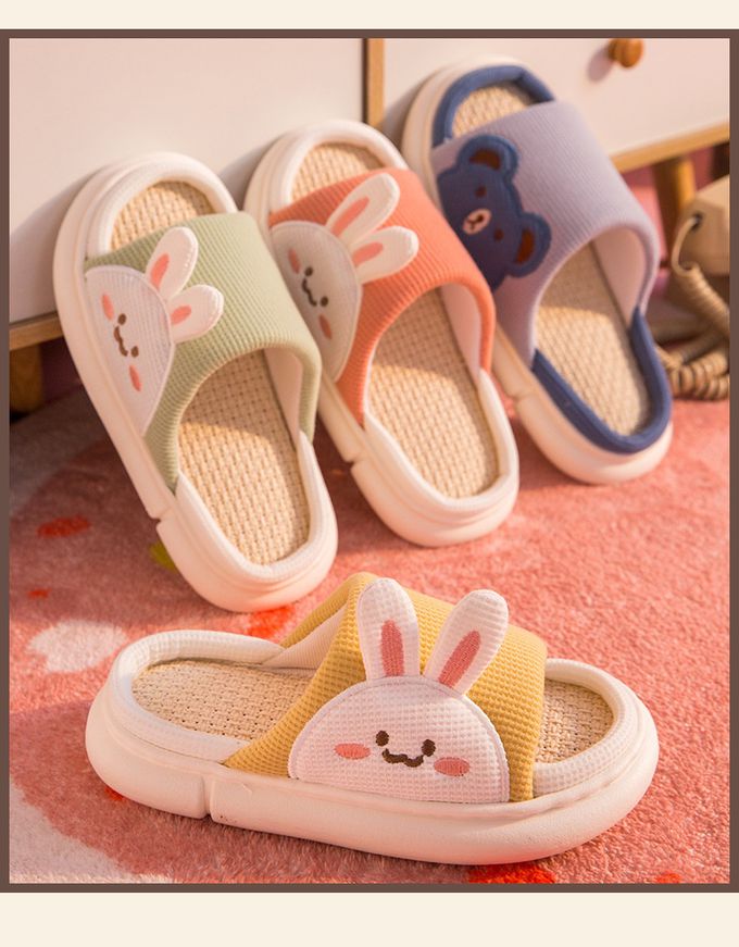 厚底海綿感亞麻室內拖鞋-熊熊-藍色