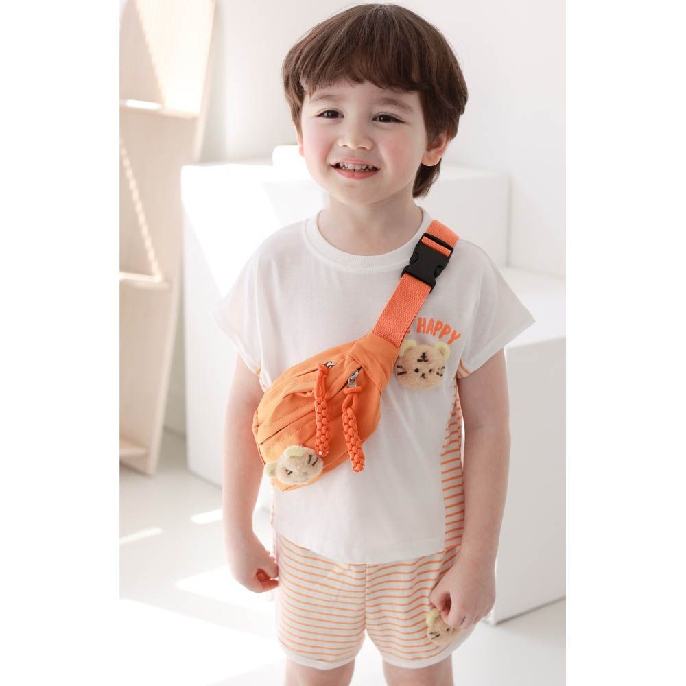 (附包包)毛絨動物上衣X條紋短袖套裝-萌萌虎-橘