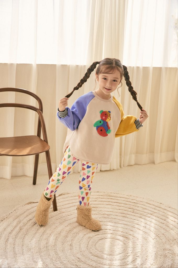 韓國 Mimico - (內磨毛)絨毛狐狸雙色袖上衣-芥黃X粉橘