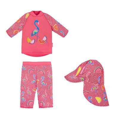 英國 JoJo Maman BeBe - 兩件式泳裝+防曬護頸遮陽帽-繽紛紅鶴_JJH3980+繽紛紅鶴_JJH3981