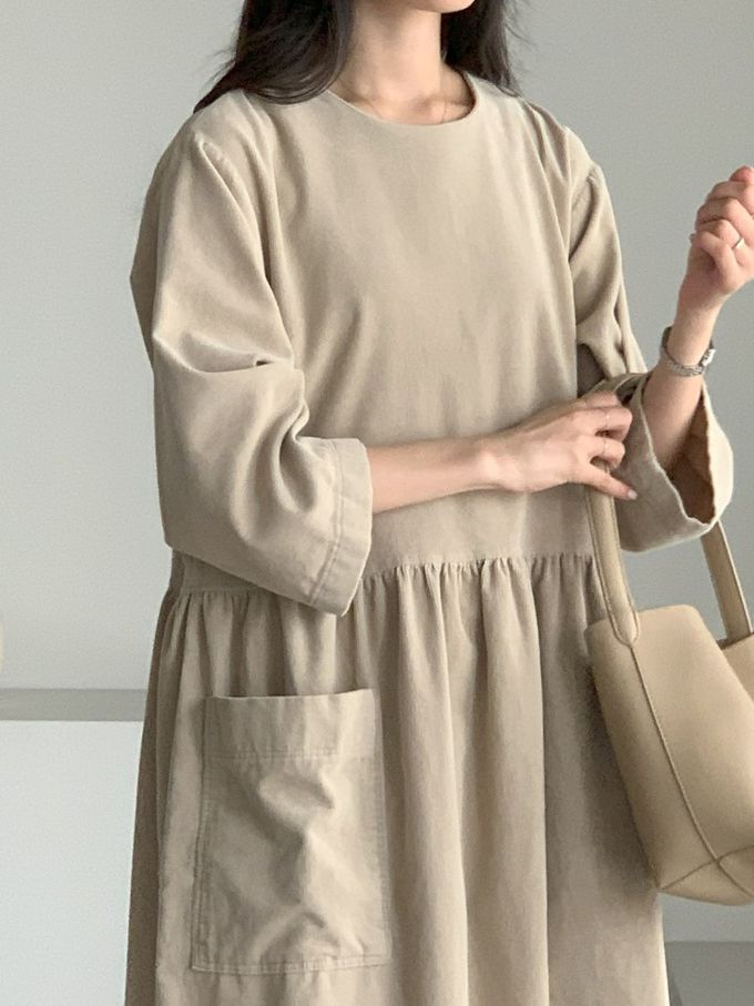 韓國女裝連線 - 極簡大口袋燈芯絨連身洋裝-米杏 (FREE)