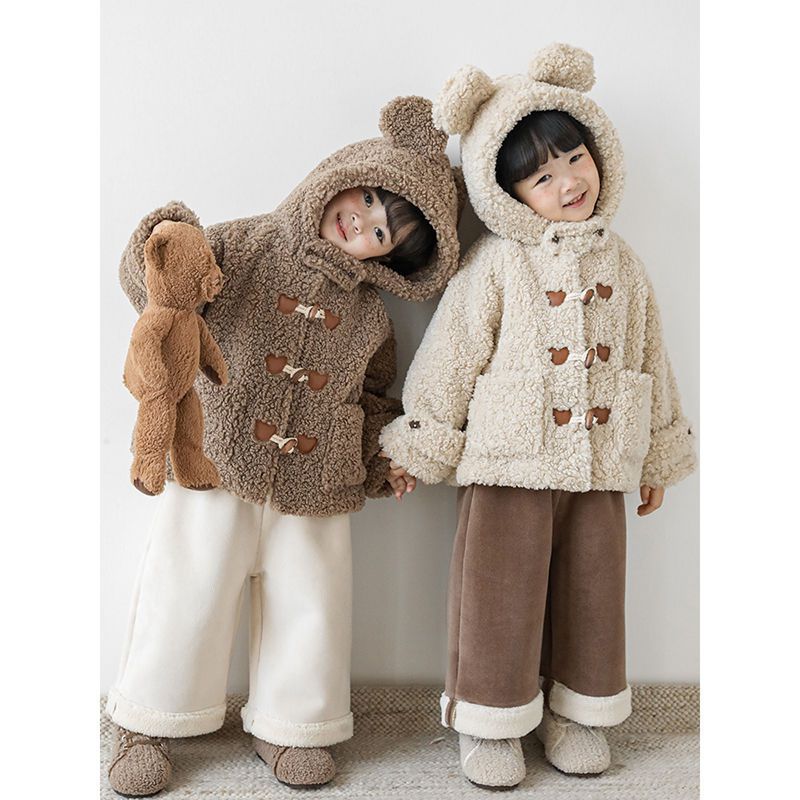 TONGMO - 立體造型羊羔絨牛角釦連帽外套-熊耳朵-米色