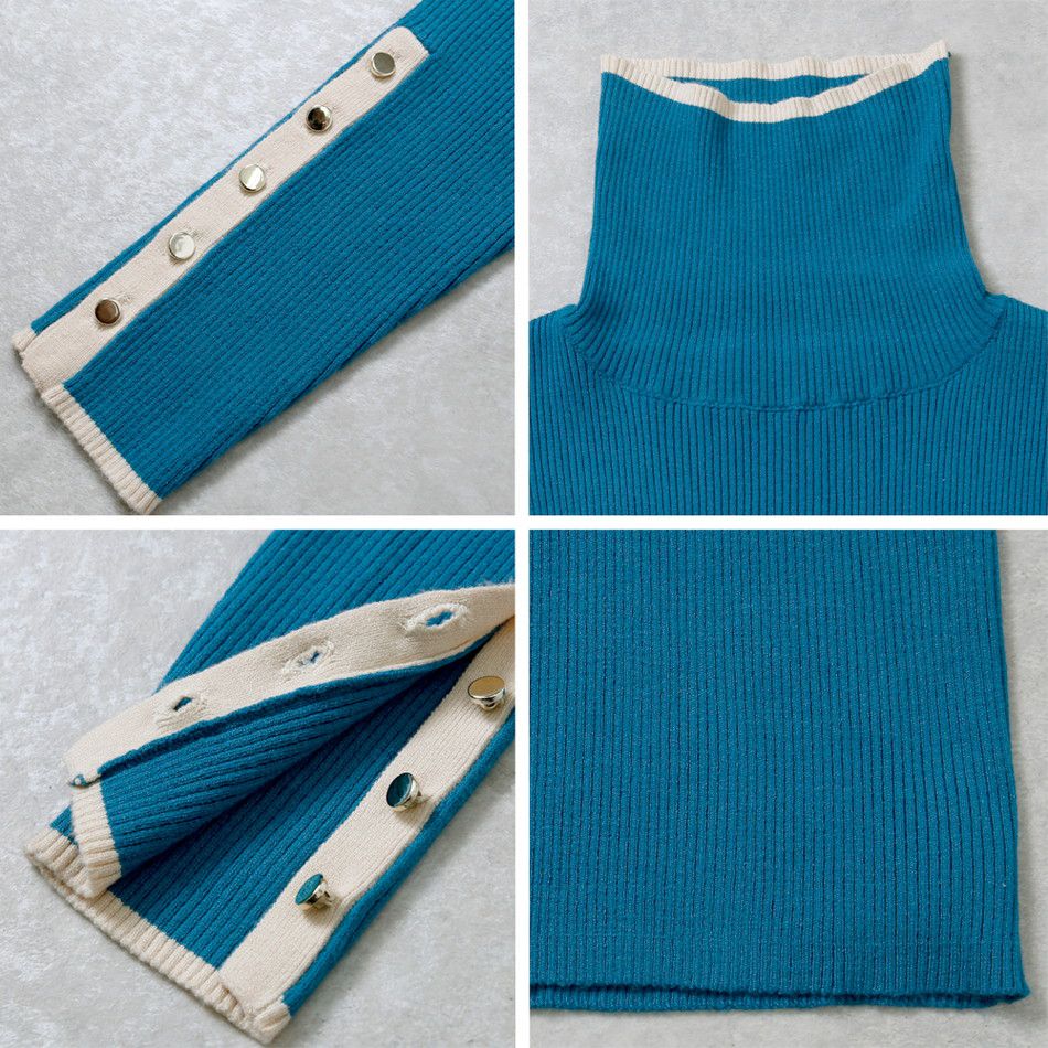 日本 Rejoule - 半高領金釦羅紋針織上衣-杏x黑