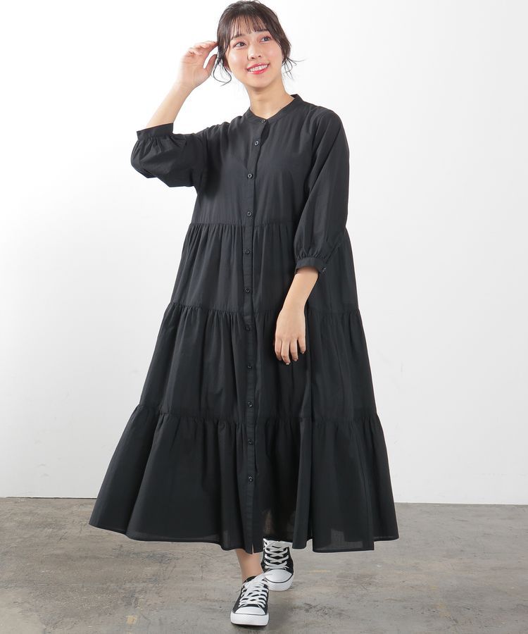 日本 Honeys - 純棉七分袖寬鬆蛋糕裙洋裝-黑