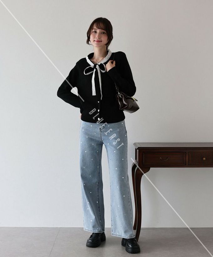 日本 BLUE EAST - 少女爛漫蕾絲蝴蝶結開襟衫-灰