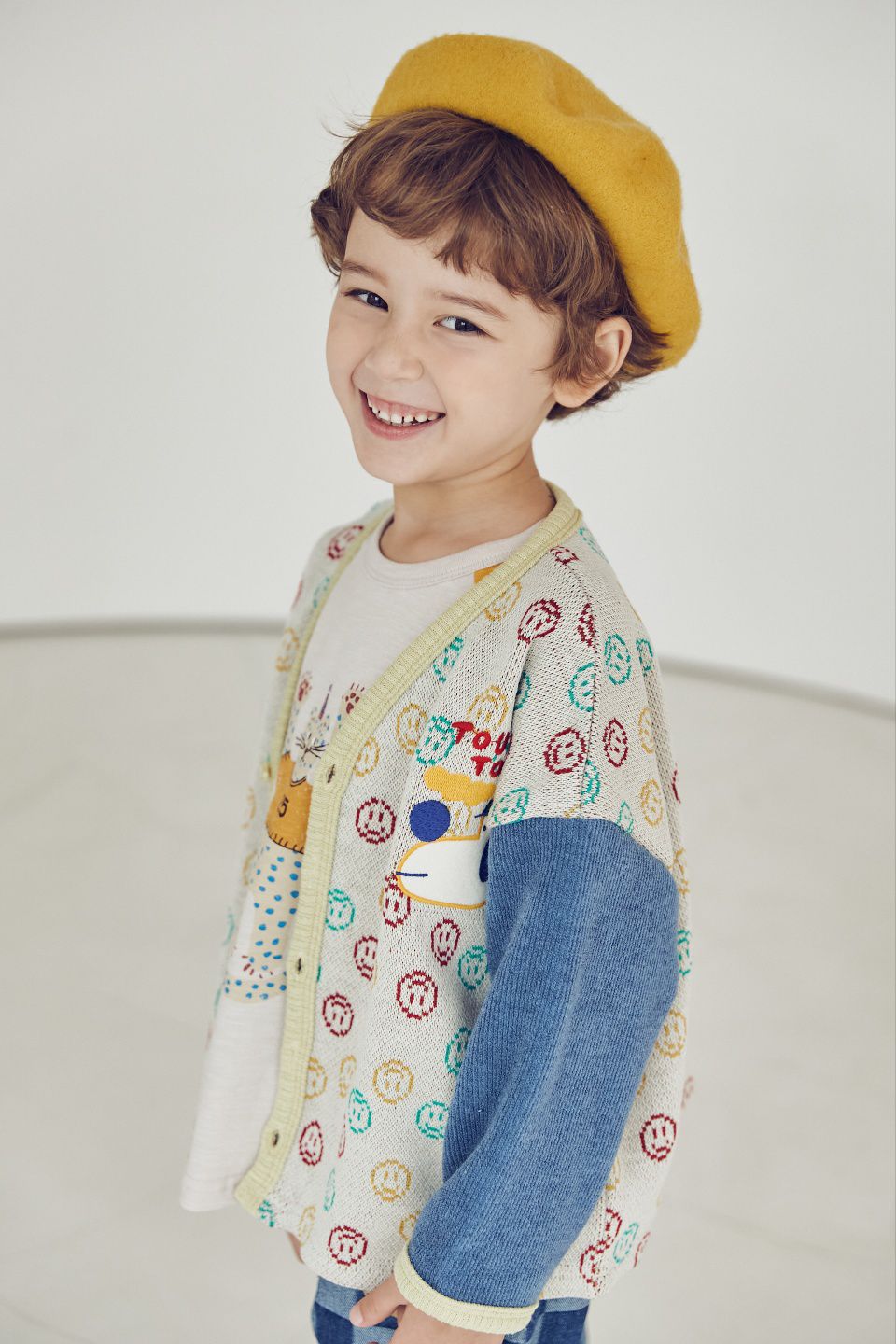 韓國 Mimico - 滿版笑臉狗狗刺繡針織外套-紫X深藍