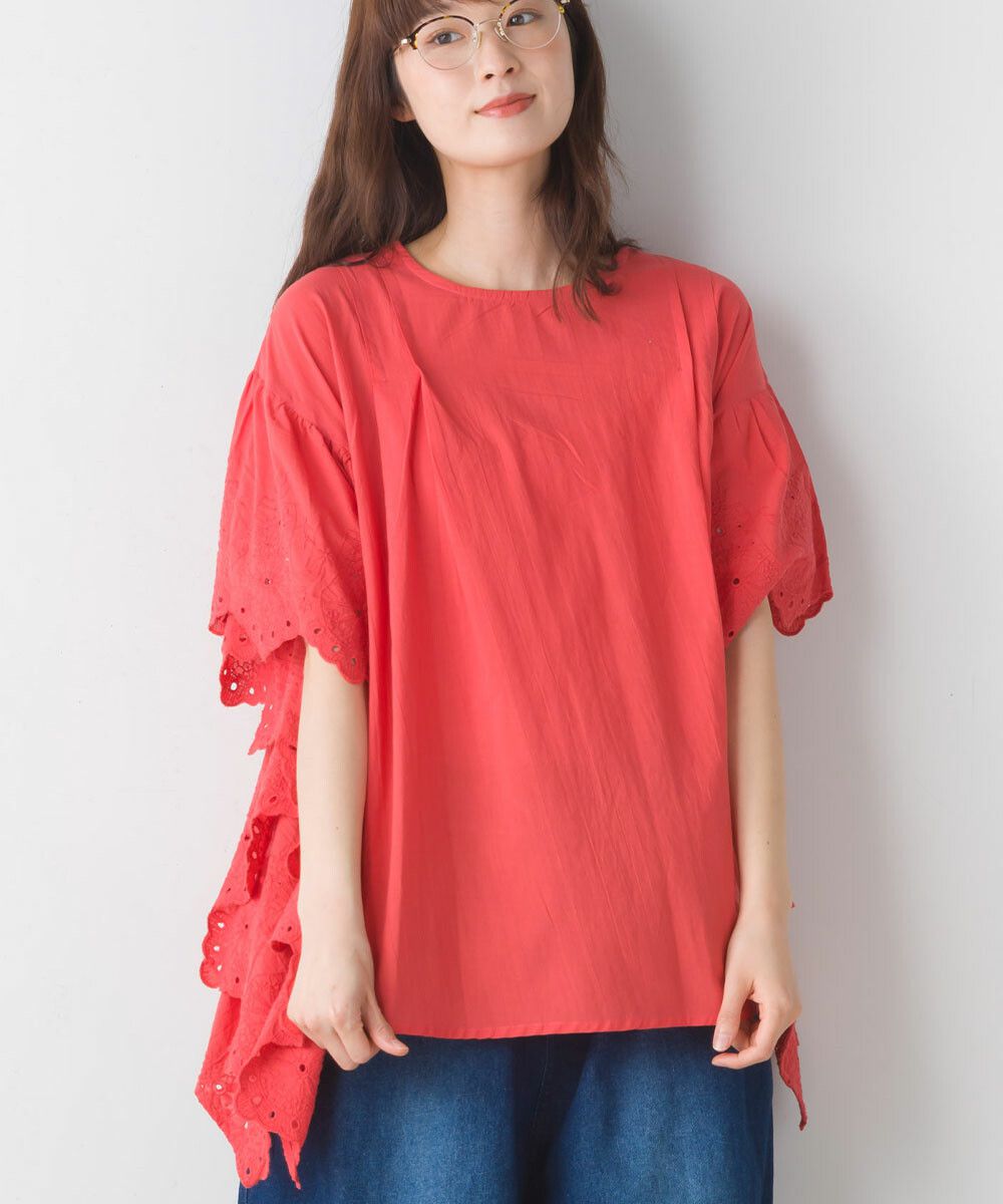 日本女裝代購 - 文藝刺繡大波浪寬鬆短袖上衣-經典黑