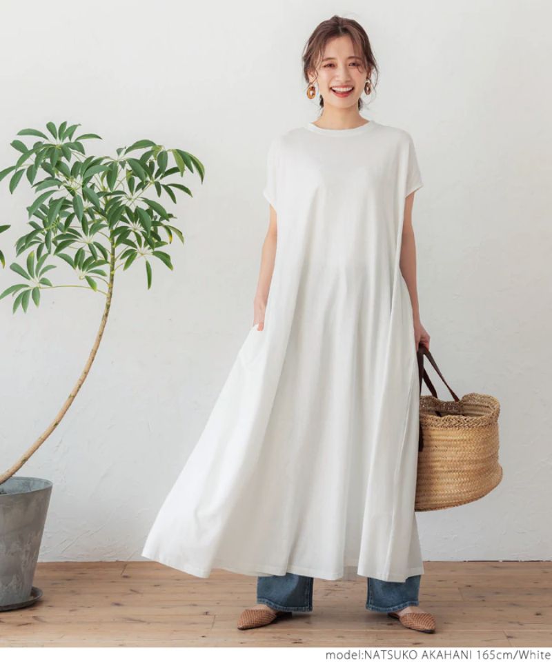 日本 COCA - 純棉寬鬆A字短袖長洋裝-白