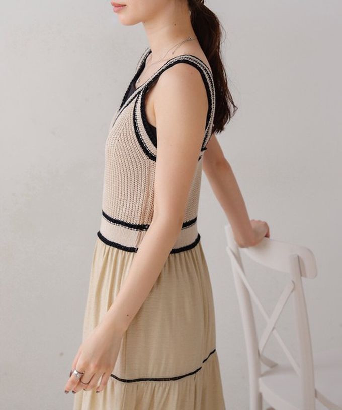 日本 Bab - 純棉針織拼接渡假風無袖洋裝-經典黑