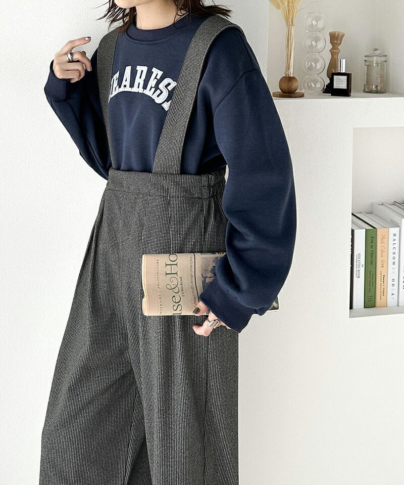 日本 Classical Elf - 高腰工裝風裏起毛寬版吊帶褲-炭黑