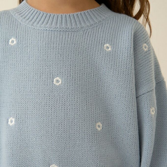 日本 Lycee mine - 可機洗 低調刺繡印花針織上衣-淺藍