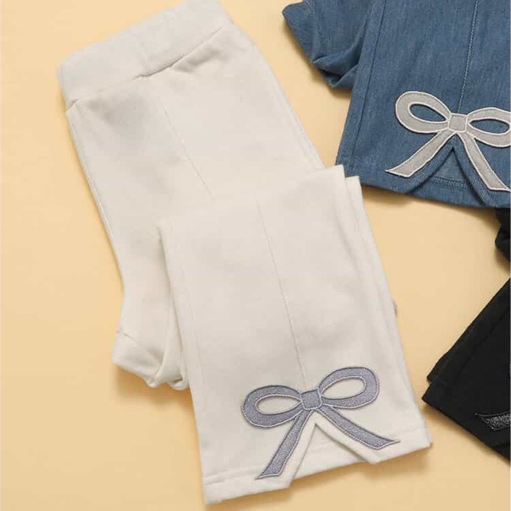 蝴蝶結刺繡裏起毛前開叉長褲-象牙白