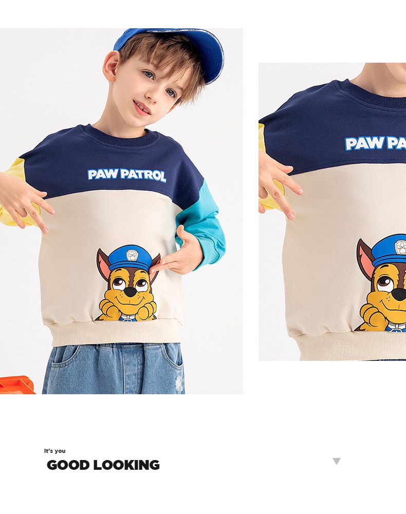 卡通汪汪隊純棉圓領拼接長袖上衣-卡通人物阿奇-紅+綠+杏