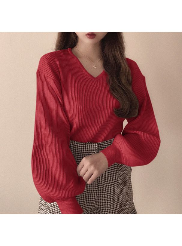 日本 GRL - 修身V領澎袖針織上衣-清新綠 (F)