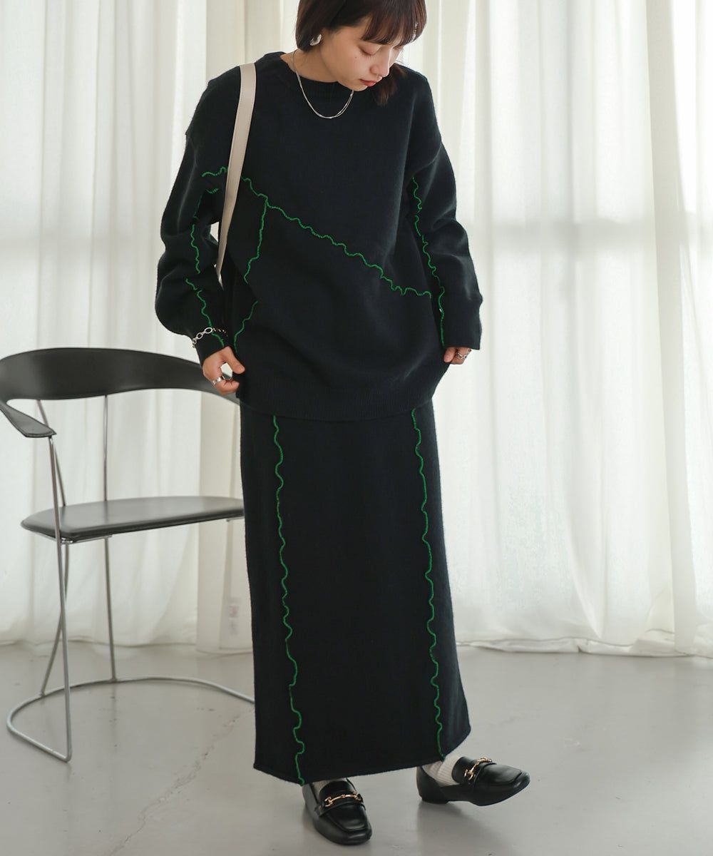 日本 Bab - 不規則撞色滾邊長袖上衣-黑x綠