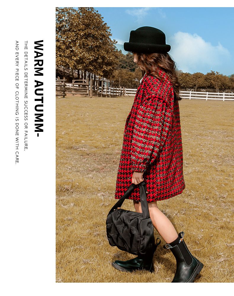 千鳥格紋保暖大衣-紅色