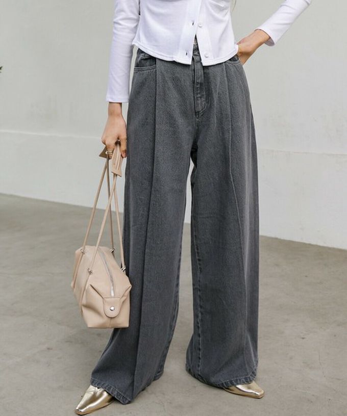 日本 Bab - 腳長效果 摺線丹寧印度棉寬褲-深灰