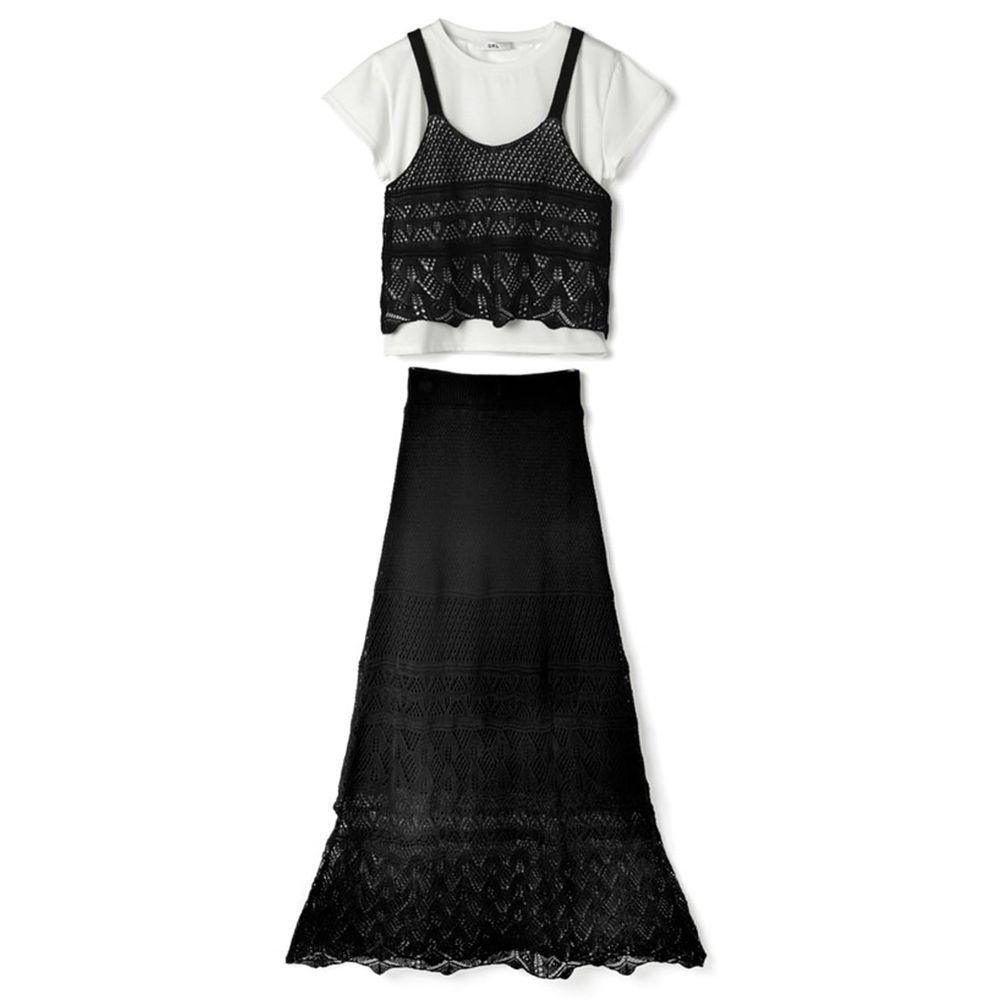 日本 GRL - 鏤空編織風白TX小背心X長裙三件組套裝-時尚黑
