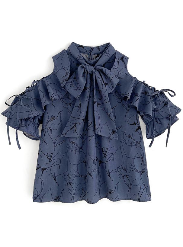 日本 GRL - 氣質碎花挖肩雪紡短袖上衣-深藍 (F)