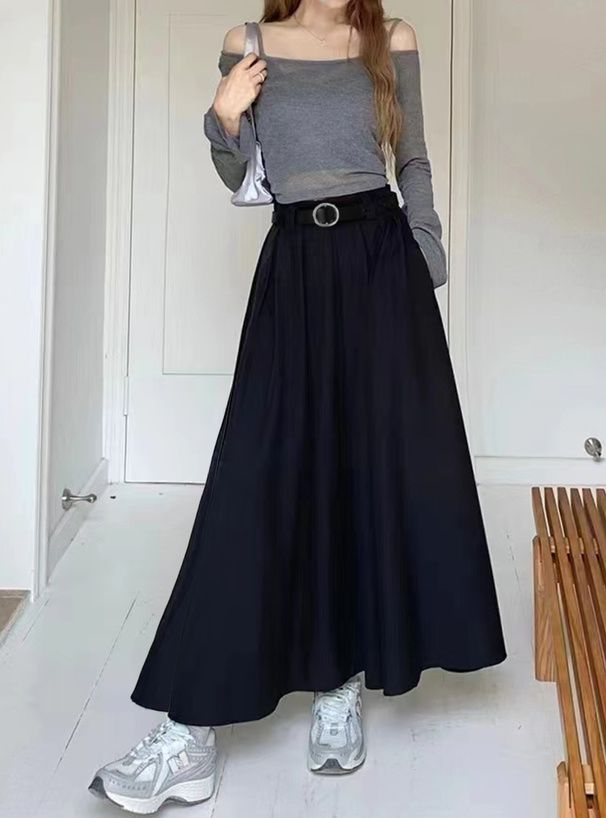 日本 GRL - 修身美型百摺長裙(附腰帶)-深灰 (M)