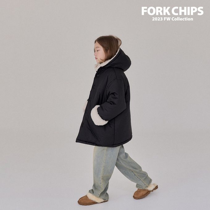 韓國 FORK CHIPS - 冬天保暖鋪棉長版連帽外套-黑