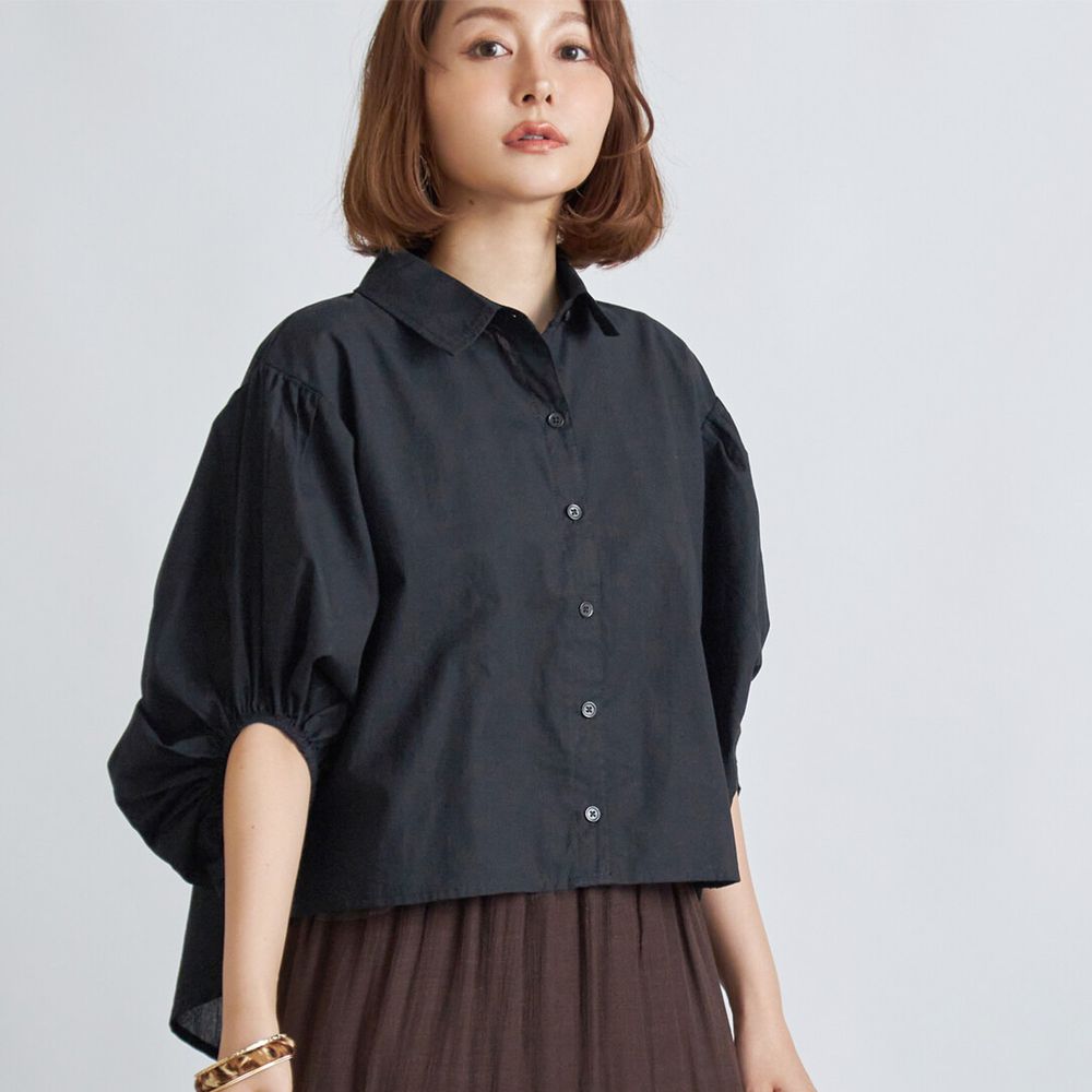 日本 Rejoule - 純棉縮口造型顯瘦前短後長五分袖襯衫-黑 (M(Free size))