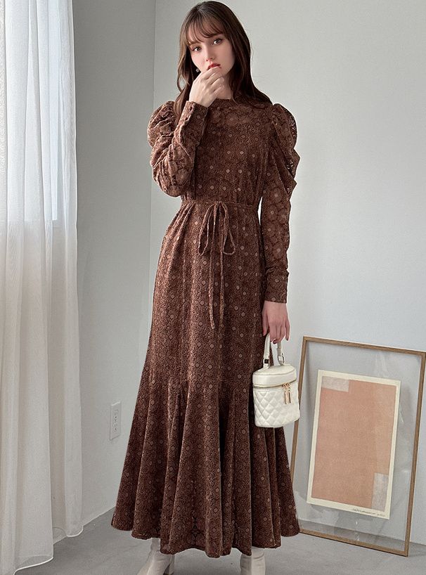 日本 GRL - 歐風印花羊腿袖綁帶洋裝-深可可