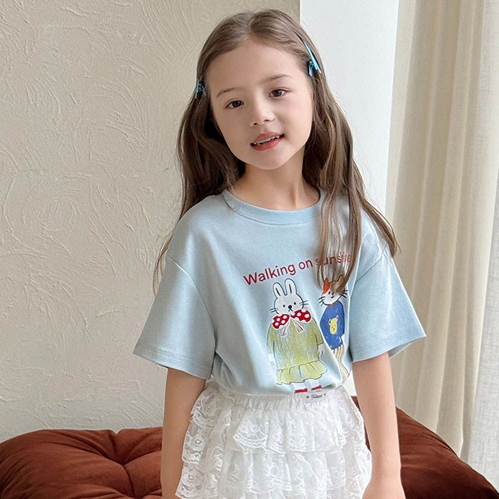 涼感圓領落肩短袖上衣/T恤-童趣卡通-淺藍色