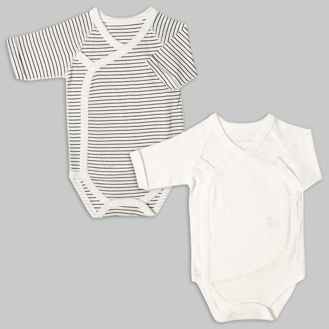 akachan honpo - 長袖新生兒內衣6件組-按扣款 橫紋-米白色 (50~60cm)