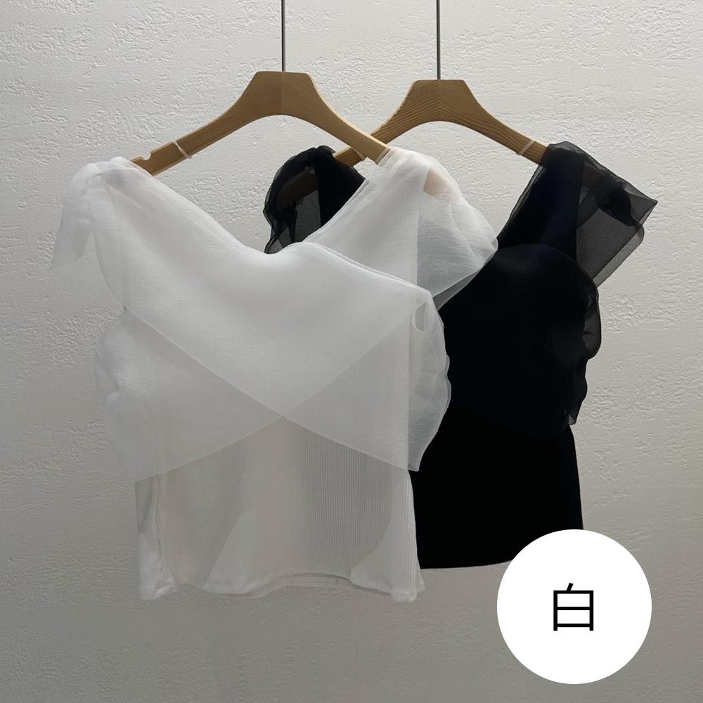 韓國女裝連線 - 造型交叉網紗點綴彈性上衣-白 (FREE)