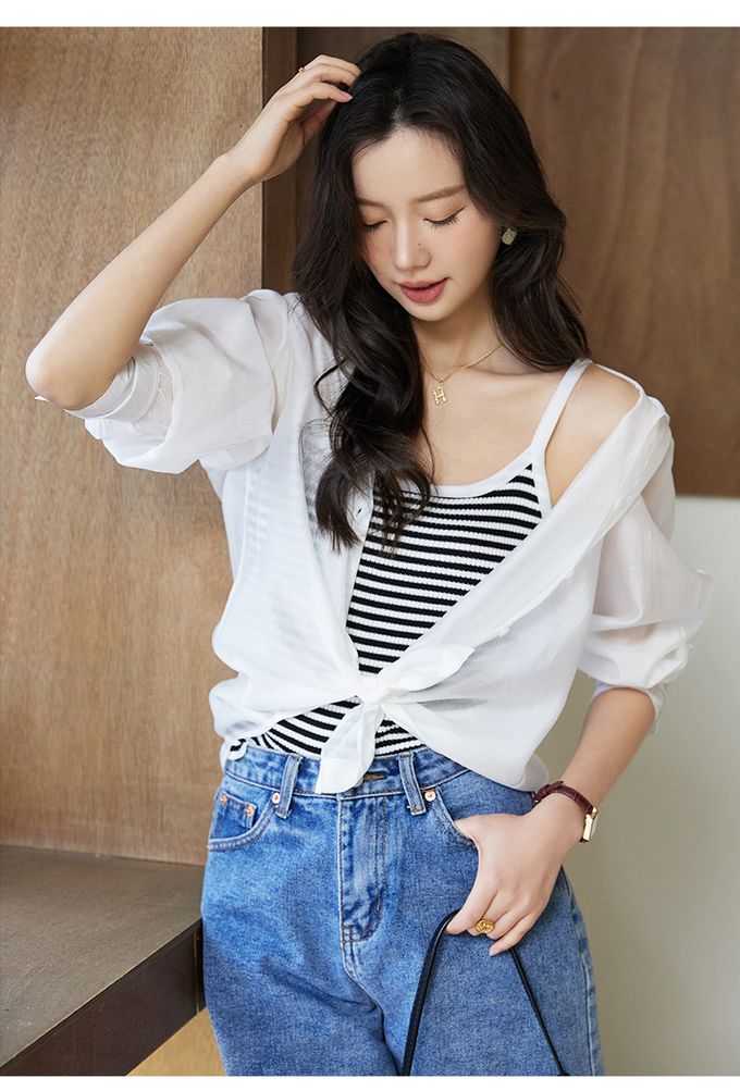 糖果色簡約薄款長袖修身上衣-香檳色