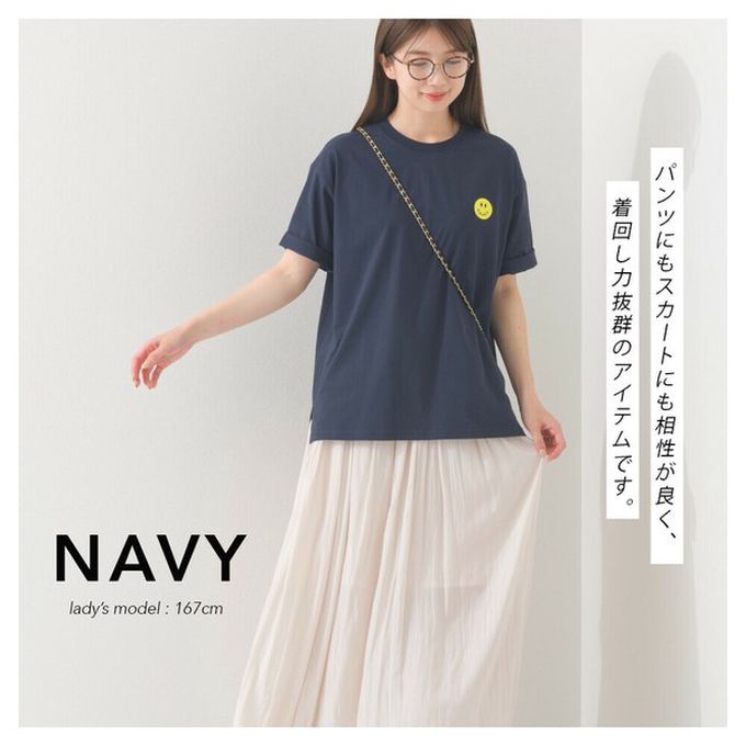 日本 OMNES - 純棉印花休閒短袖上衣-笑臉logo-深藍 (M)