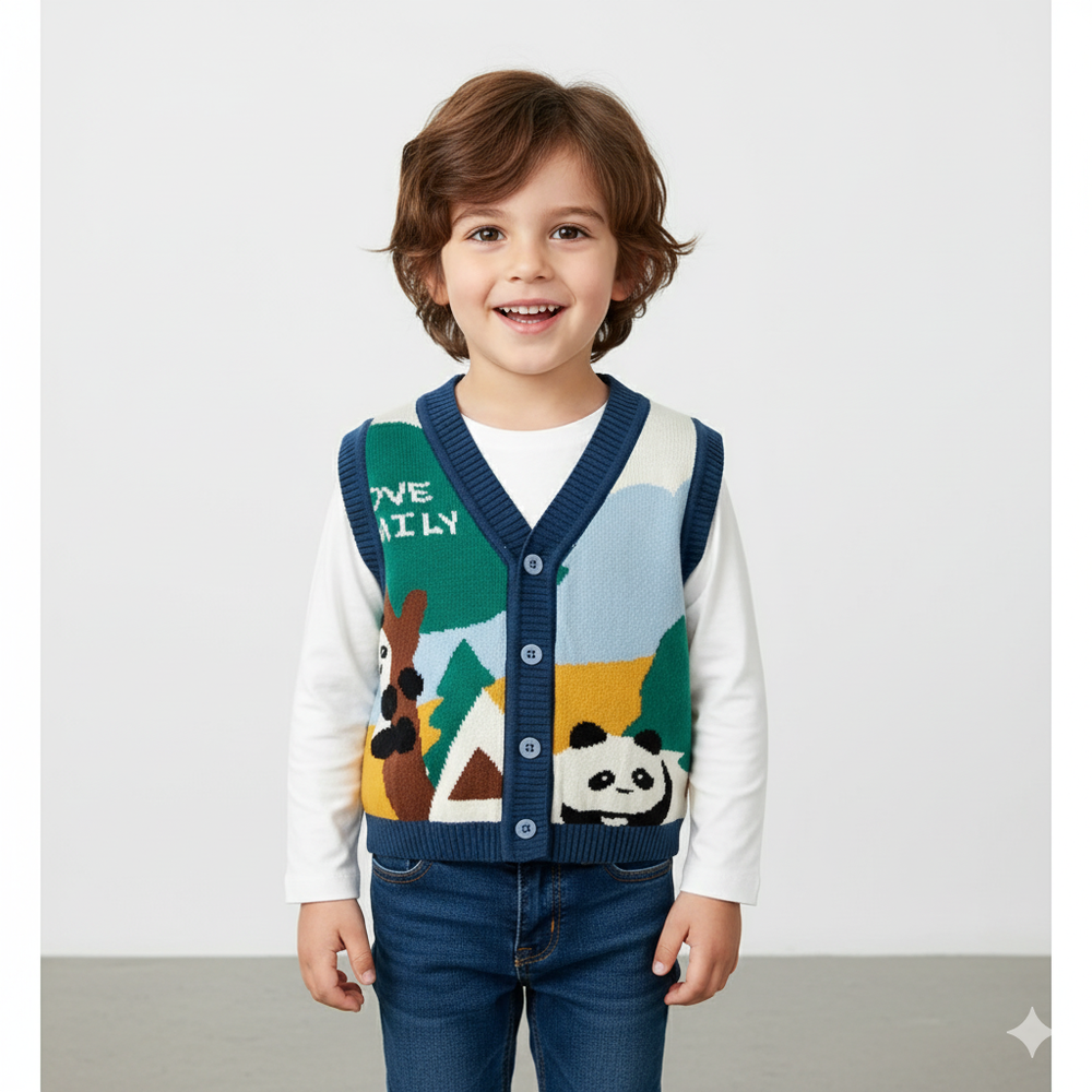 舒適V領百搭針織背心-熊貓家園-深藍色