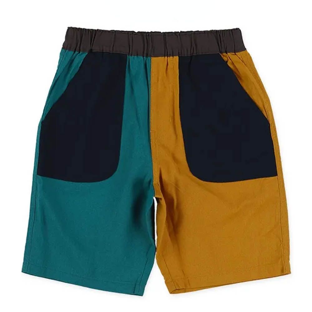 100%棉 撞色彈性短褲-棕x藍綠