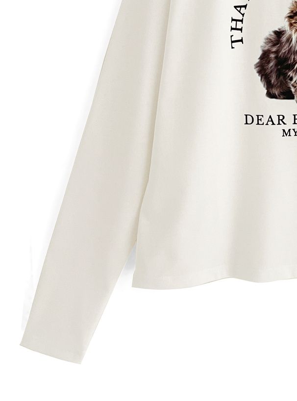 日本 GRL - 棉混圓領貓咪印花長T-虎斑貓-白 (F)