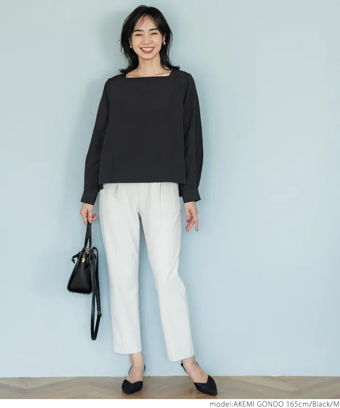 日本 COCA - 裏起毛方領珍珠釦長袖上衣-灰藍