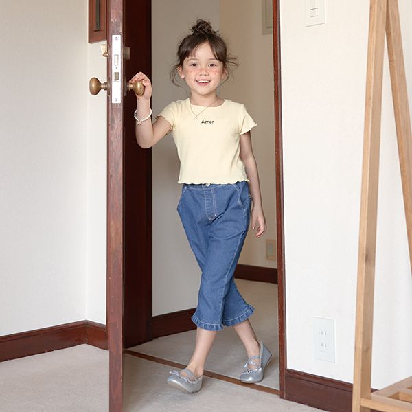 日本 Lycee mine - 迷你刺繡羅紋捲邊時尚短上衣-奶油黃