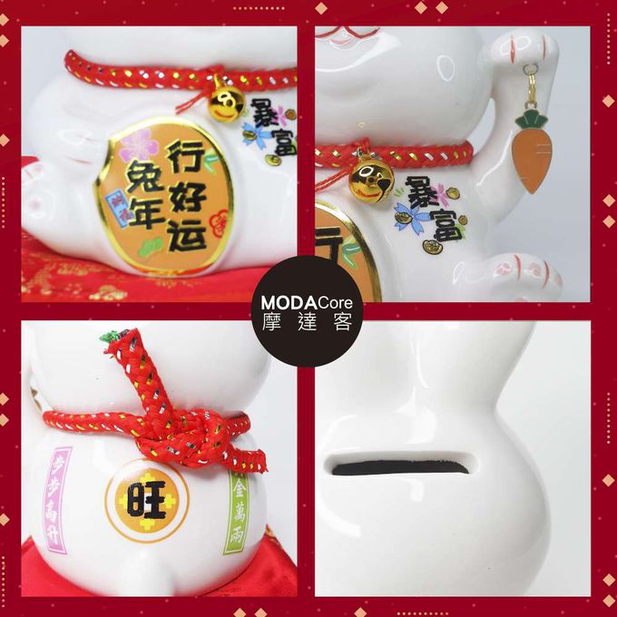 MODACore 摩達客 - ◉春節開運◉超萌6吋陶瓷兔兔招財貓_附贈坐墊-白兔好運款/撲滿存錢桶擺飾