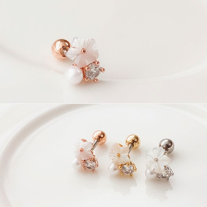 韓國 Soo&Soo - 綻放花型寶石耳釘耳環-轉珠-銀X白-單個
