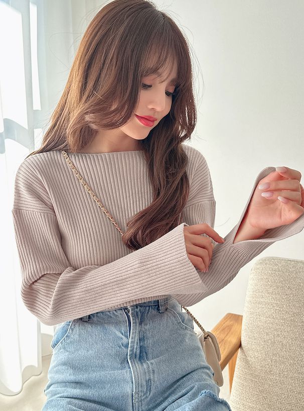 日本 GRL - 袖口剪裁船領羅紋長袖上衣-春芽綠