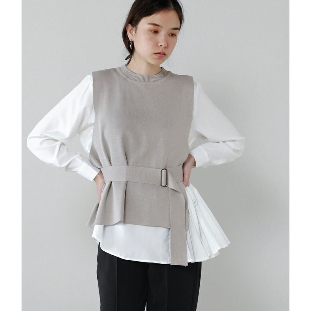 日本 Bou Jeloud - 顯瘦針織背心X不規則百褶衣襬白襯衫兩件套裝-灰