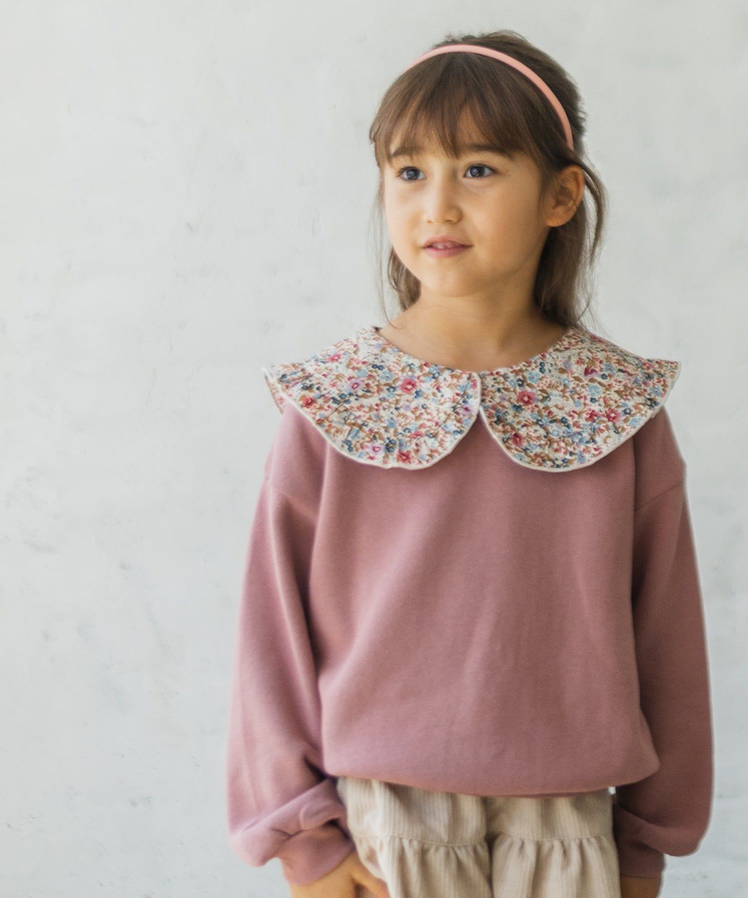 日本 PAIRMANON - 歐風翻領刷毛長袖上衣-碎花領-煙燻粉