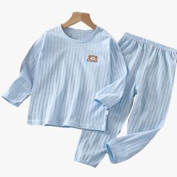 WarmNest - 純棉網眼透氣長袖家居服套裝-熊熊-藍色