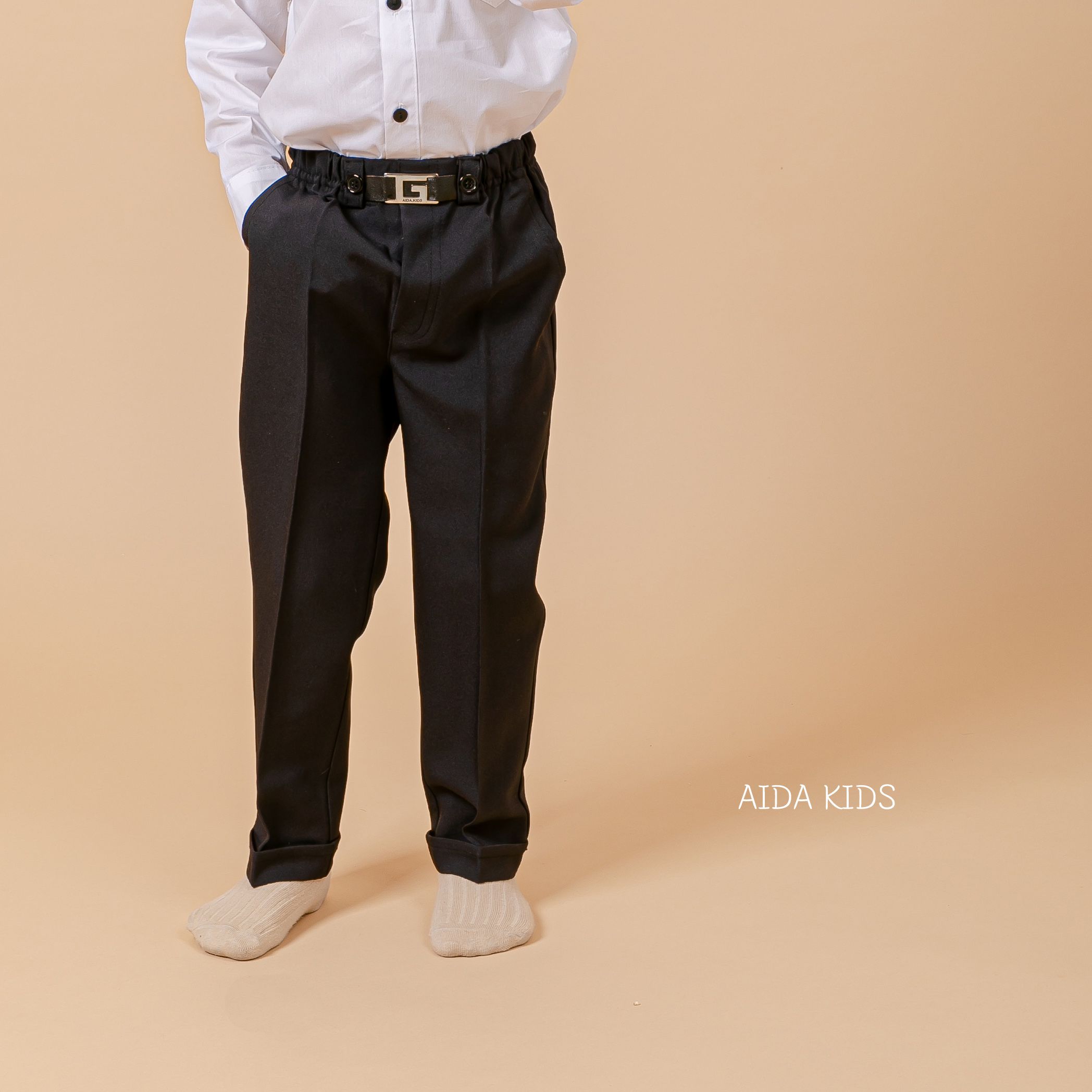 韓國 AIDA - 裝飾腰帶鬆緊腰直筒長褲-基本款-黑