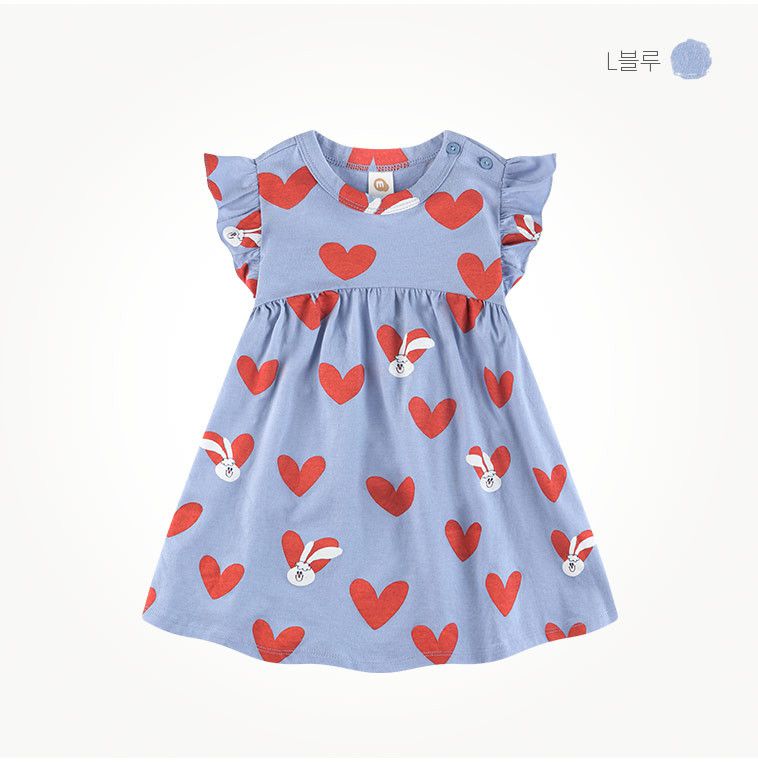 韓國 milk mile - 白兔心紋花袖洋裝-灰藍X紅愛心