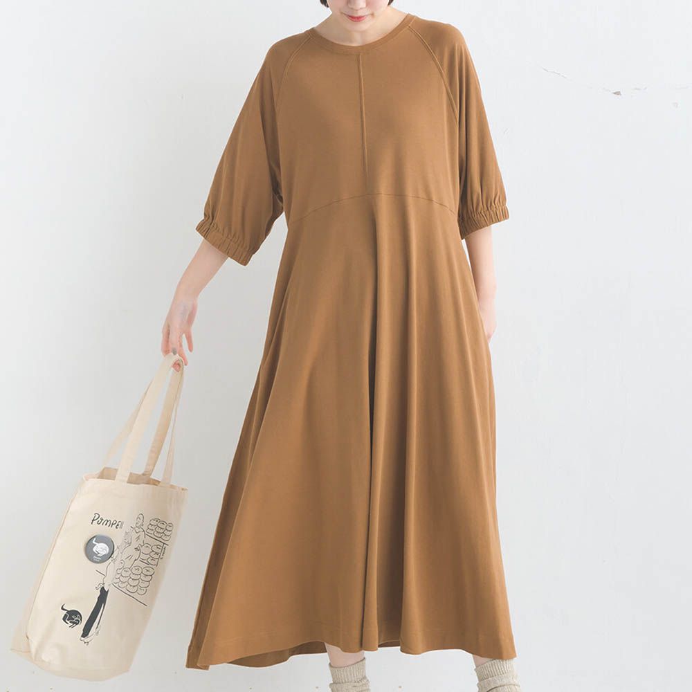 抗透汗 皺褶氣球短袖洋裝-咖啡