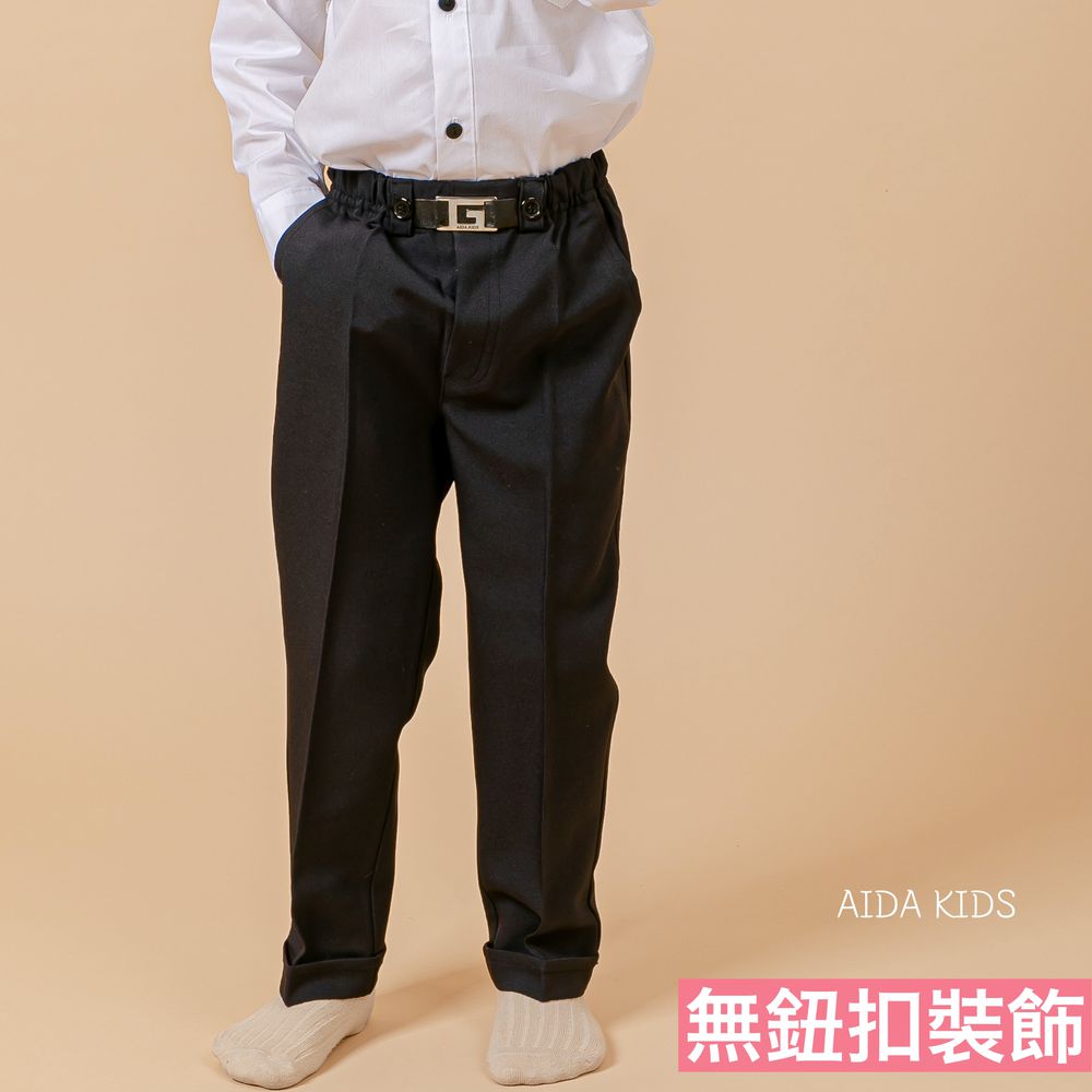 韓國 AIDA - 裝飾腰帶鬆緊腰直筒長褲-基本款-黑