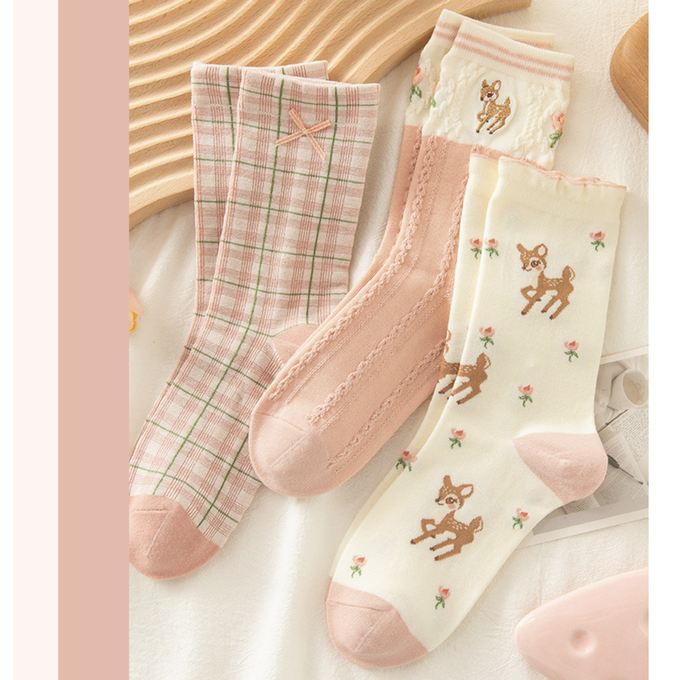 love, charlotte - 粉嫩色小鹿斑比中筒棉襪(均碼腳長22cm+) (FREE (腳長22cm+))-3 雙一組